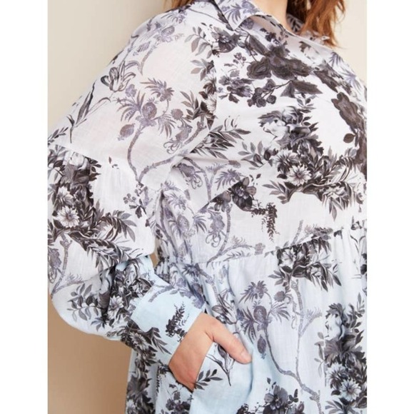 Anthropologie Lavinia White Blue Floral Embroidered Long Sleeve Shirtdress NWT - Picture 3 of 16